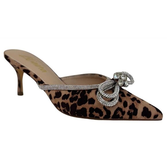 Liliana Shoes - LILIANA / Romantic-1 Leopard Print / Pointed Toe Mules With Rhinestone Bow Embel